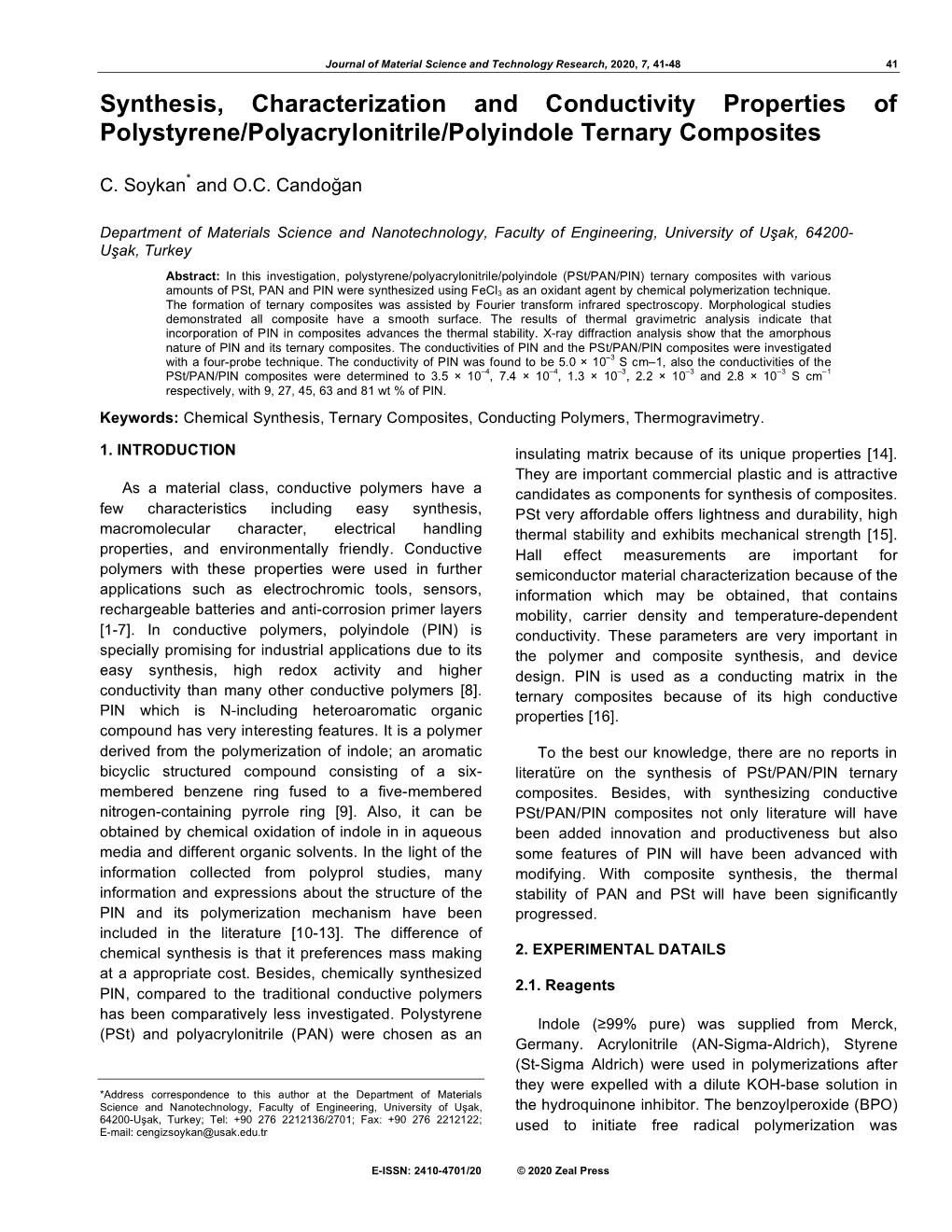 Synthesis, Characterization and Conductivity Properties of Polystyrene/Polyacrylonitrile/Polyindole Ternary Composites