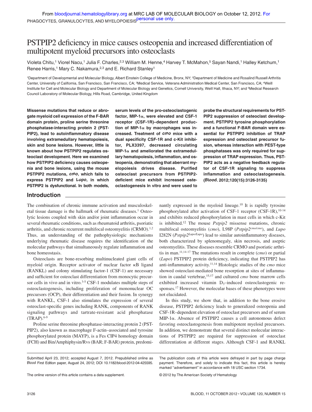 PSTPIP2 Deficiency in Mice Causes Osteopenia and Increased Differentiation of Multipotent Myeloid Precursors Into Osteoclasts