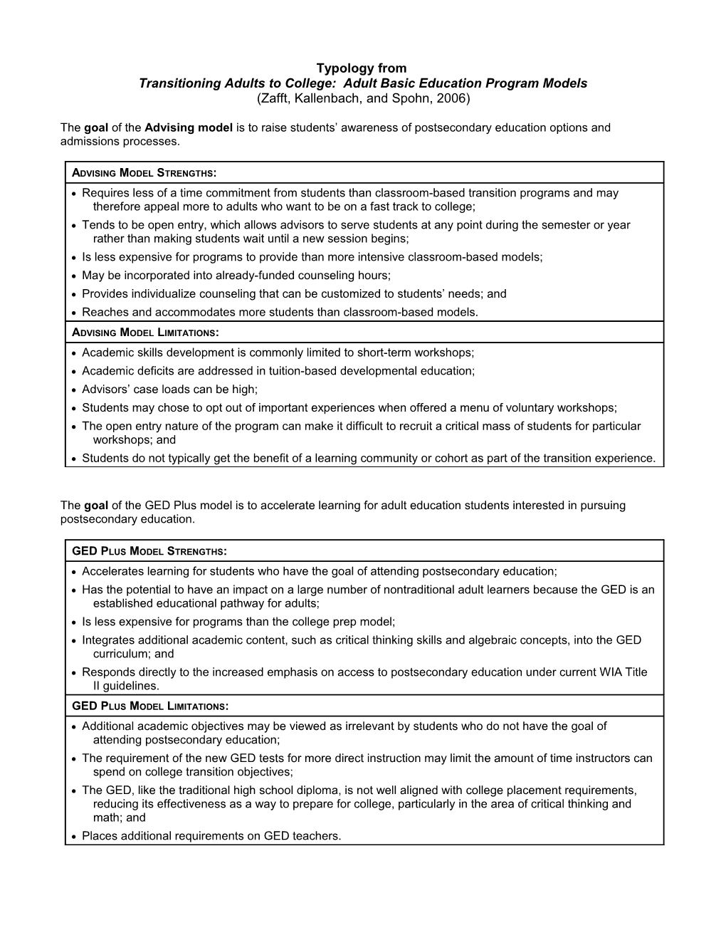 Typology of Adult Transition Programs