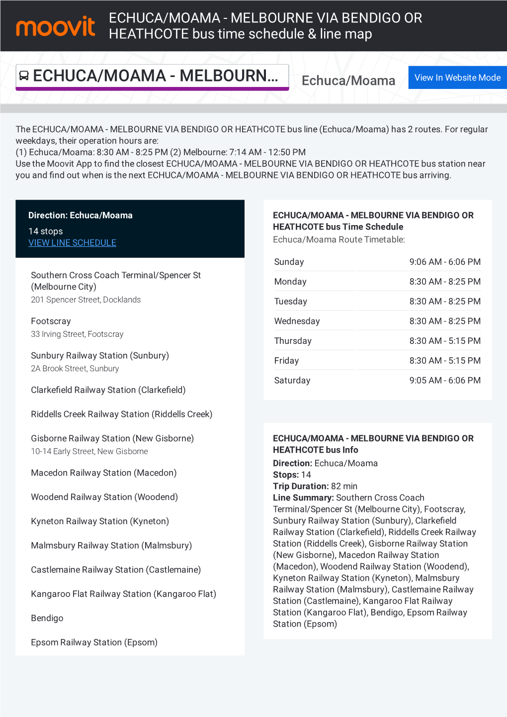 ECHUCA/MOAMA - MELBOURNE VIA BENDIGO OR HEATHCOTE Bus Time Schedule & Line Map