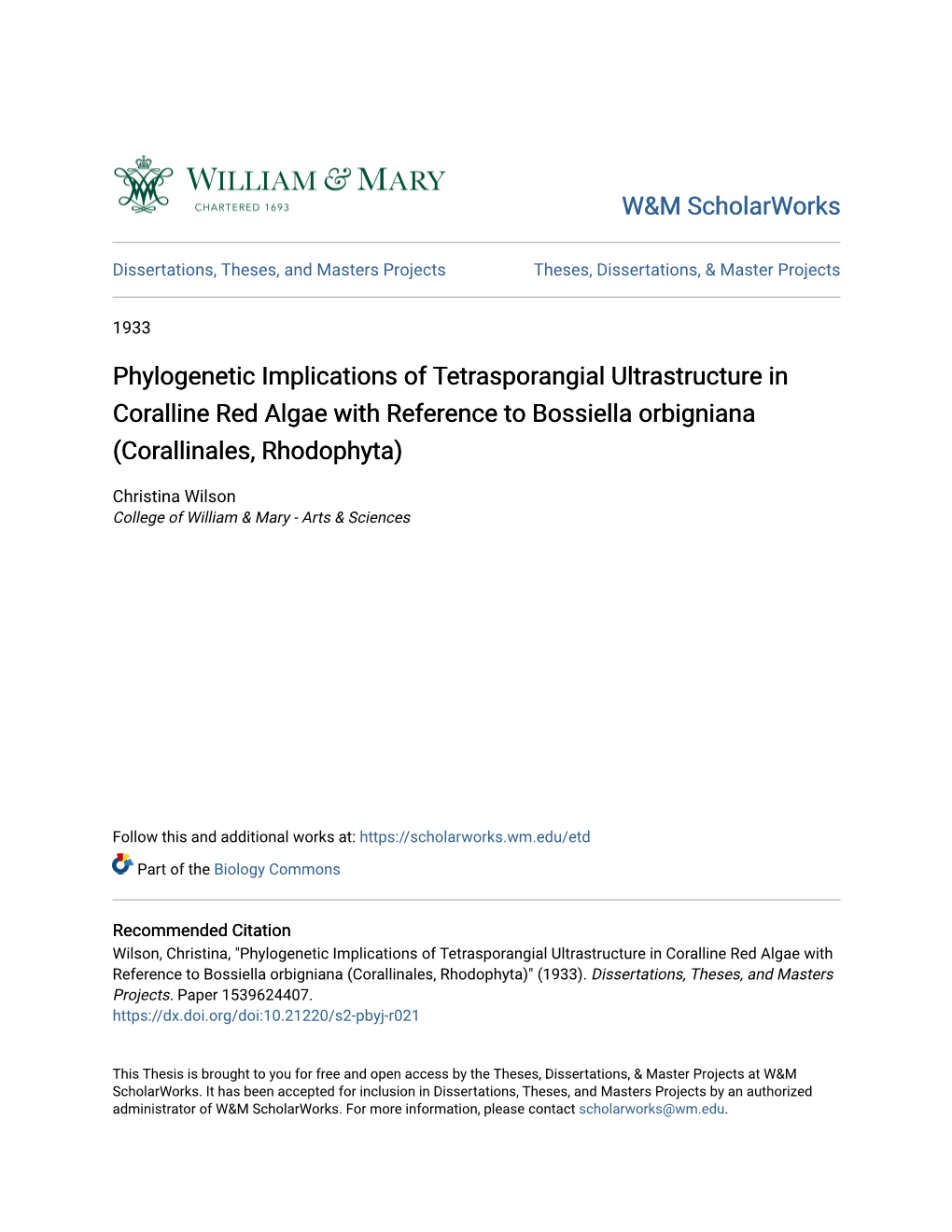 Phylogenetic Implications of Tetrasporangial Ultrastructure in Coralline Red Algae with Reference to Bossiella Orbigniana (Corallinales, Rhodophyta)