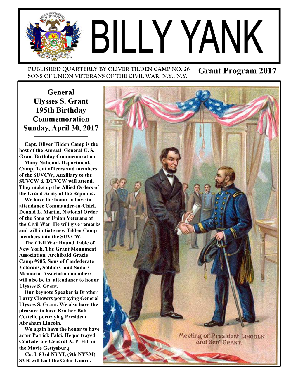 Billy Yank” the Official Publication of Captain Oliver Tilden Camp #26, SUVCW