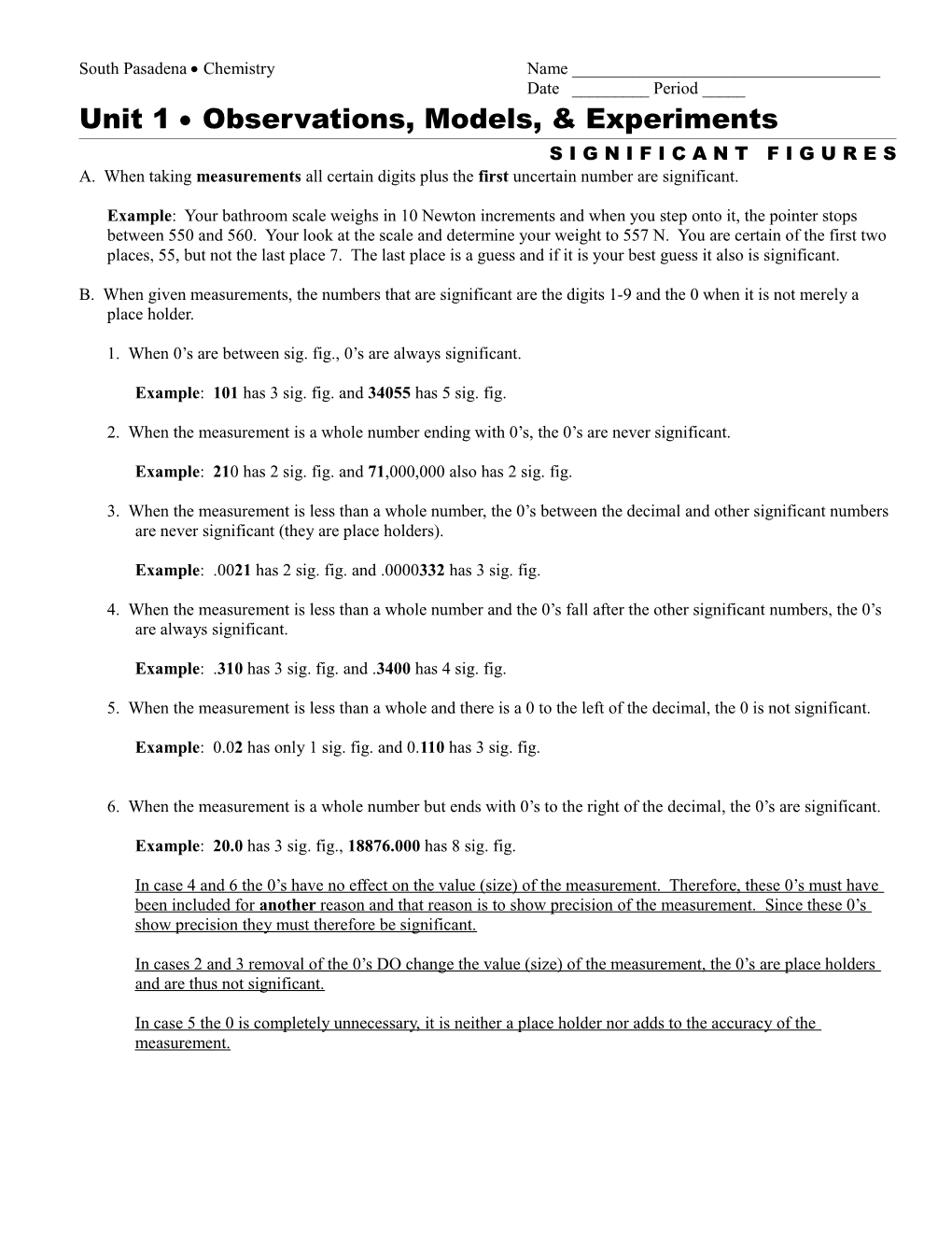 Unit 1 Observations, Models, & Experiments