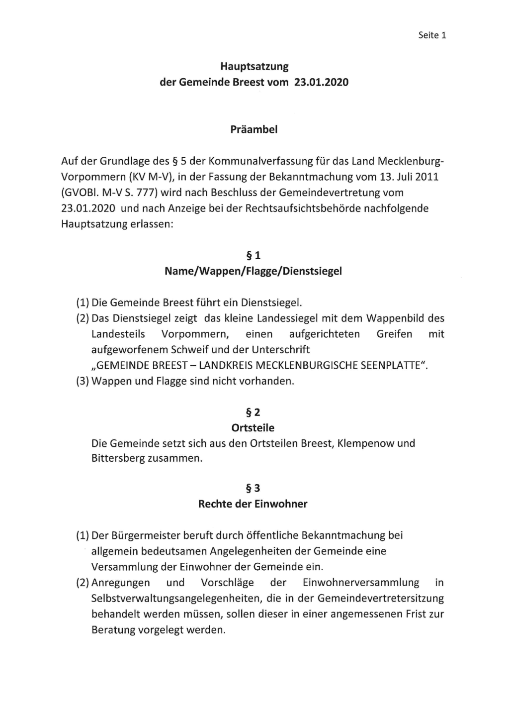 Hauptsatzung Der Gemeinde Breest Vom 23.01.2020 Präambel Auf Der