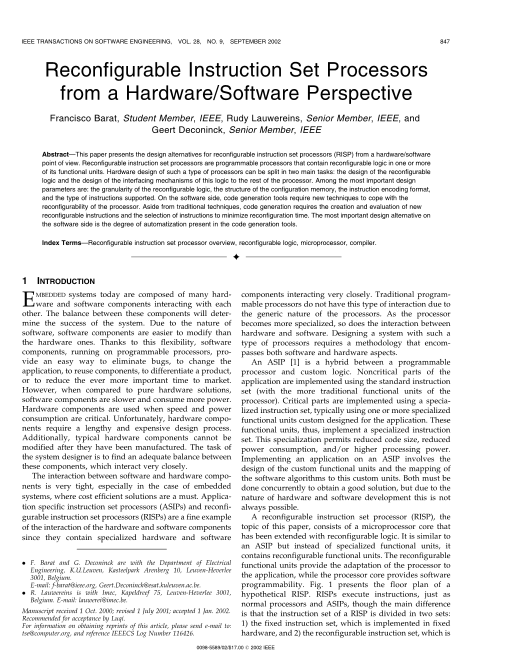 Reconfigurable Instruction Set Processors from a Hardware/Software Perspective