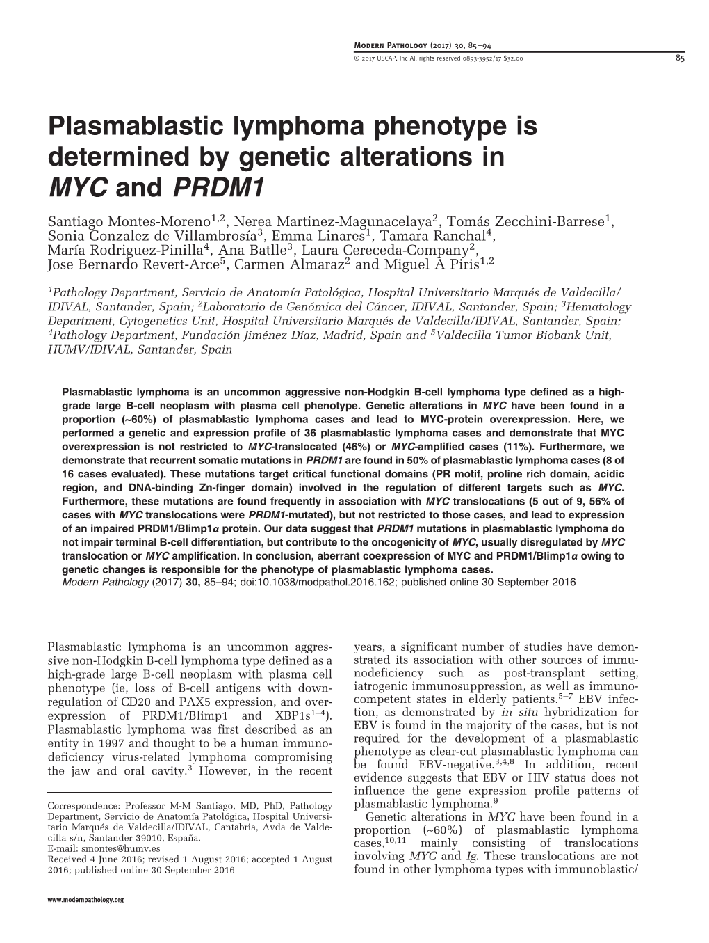 Plasmablastic Lymphoma Phenotype Is Determined by Genetic Alterations