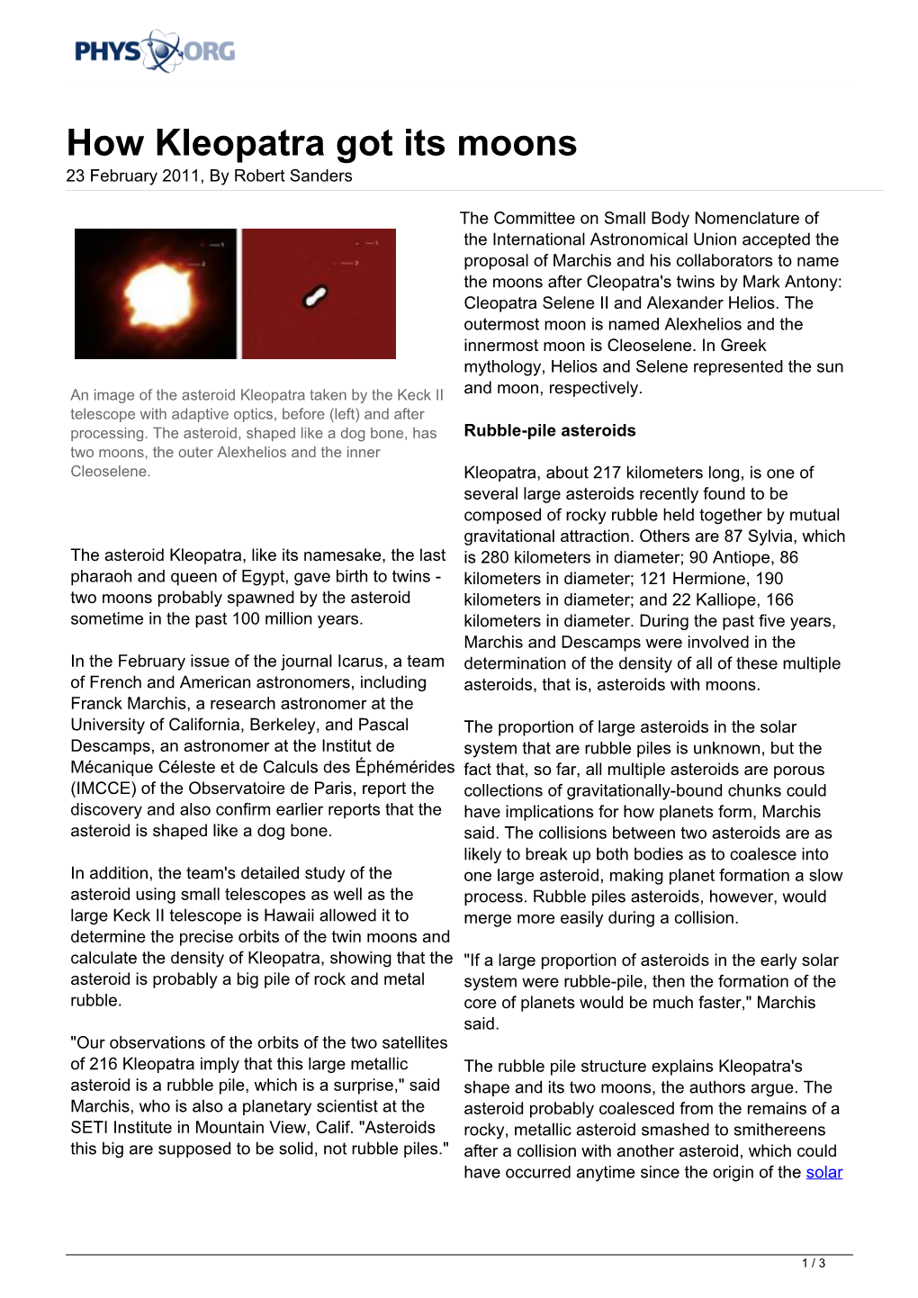 How Kleopatra Got Its Moons 23 February 2011, by Robert Sanders