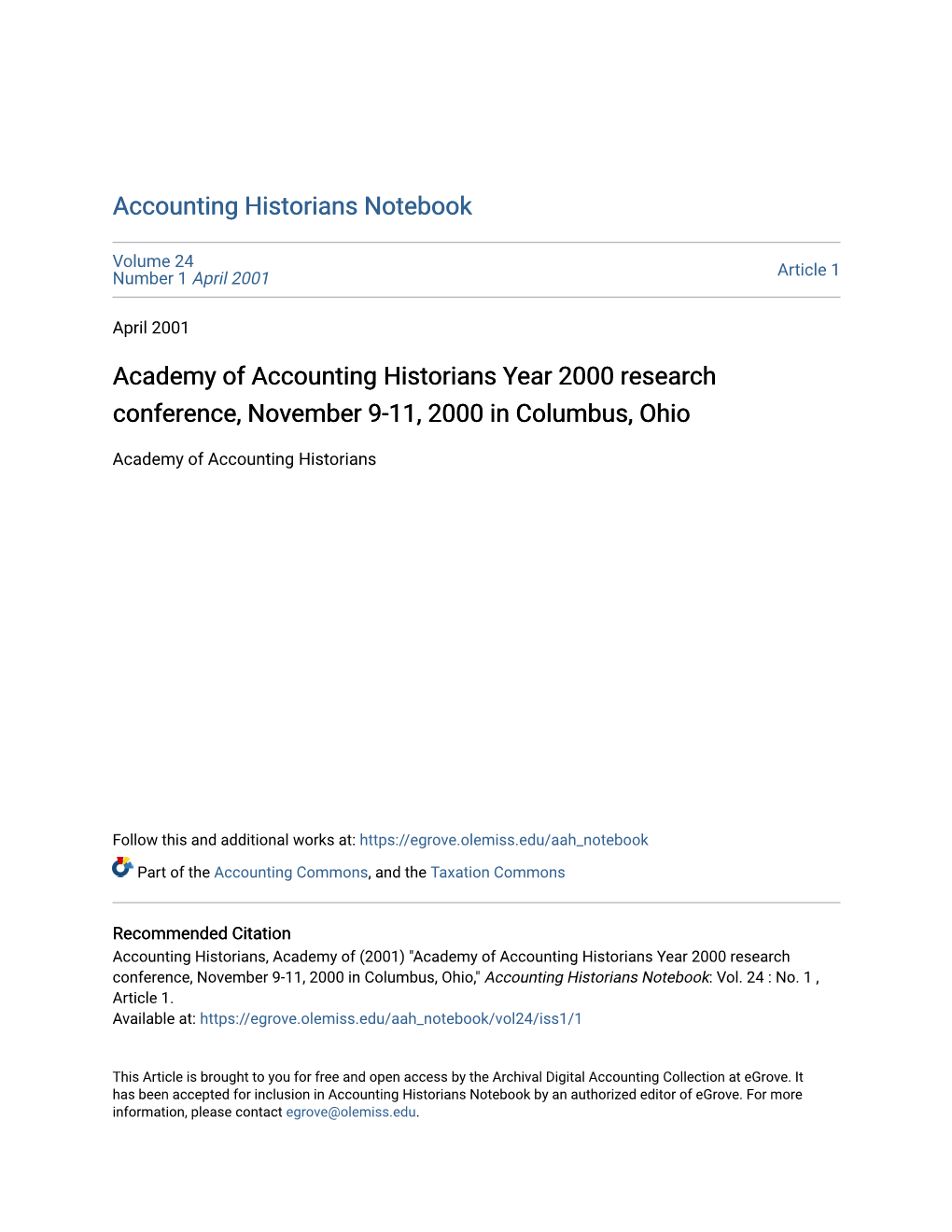 Academy of Accounting Historians Year 2000 Research Conference, November 9-11, 2000 in Columbus, Ohio