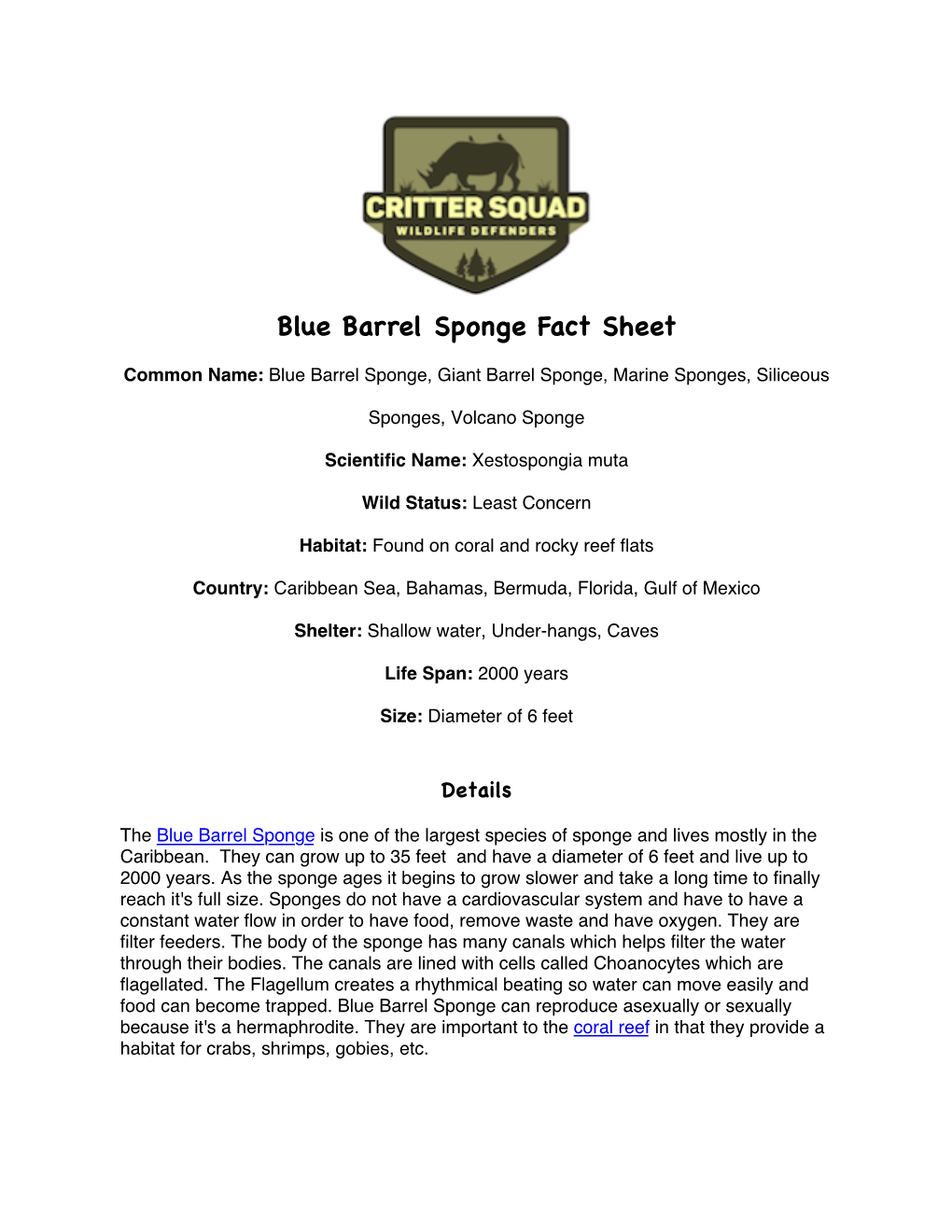 Blue Barrel Sponge Fact Sheet