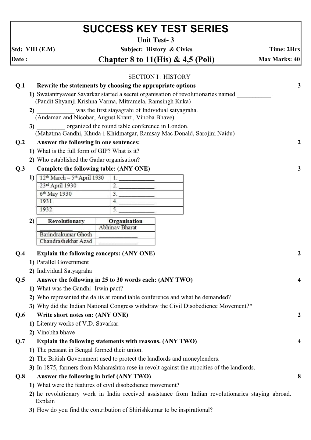 SUCCESS KEY TEST SERIES Unit Test- 3