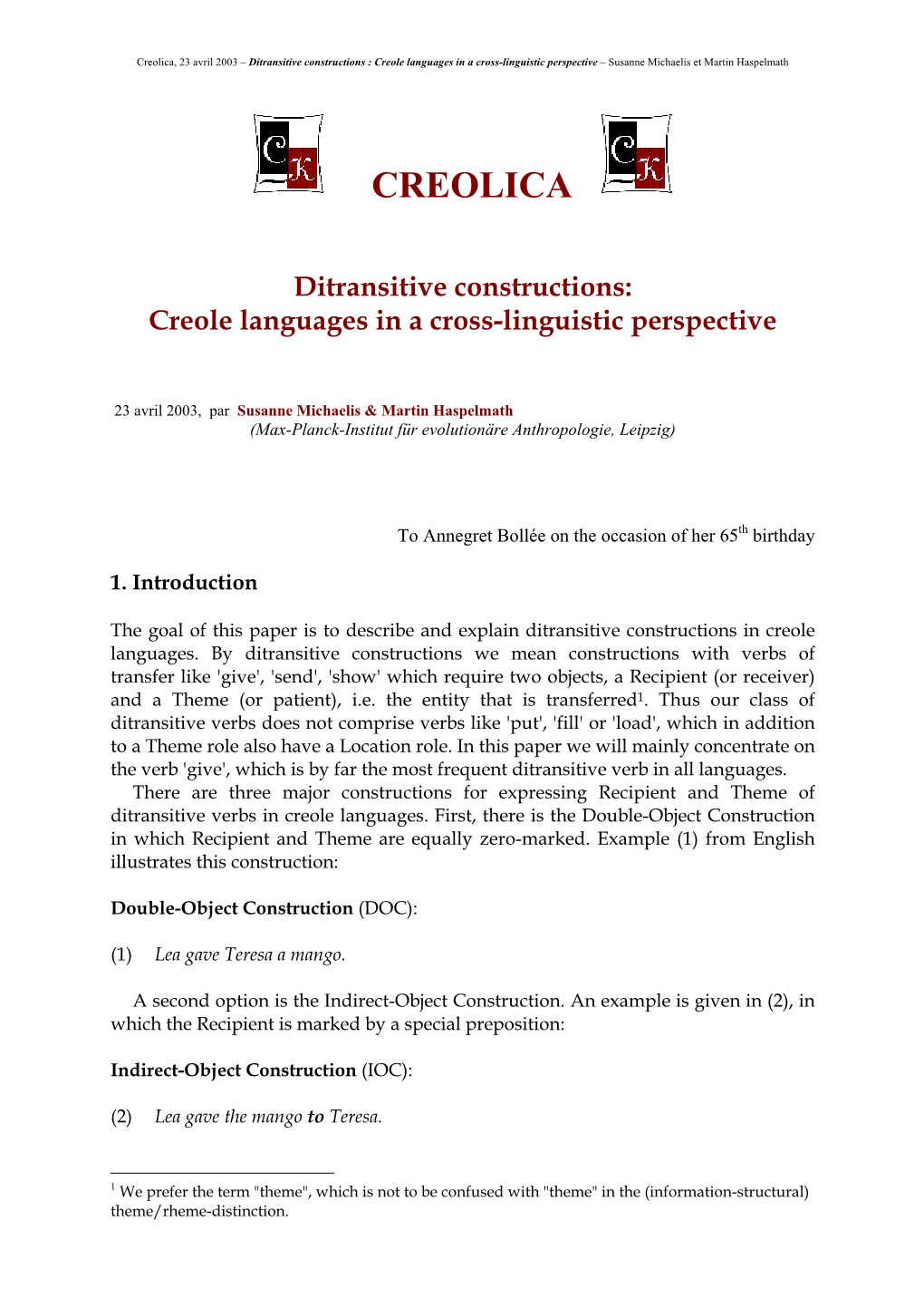 Ditransitive Constructions: Creole Languages in a Cross-Linguistic Perspective