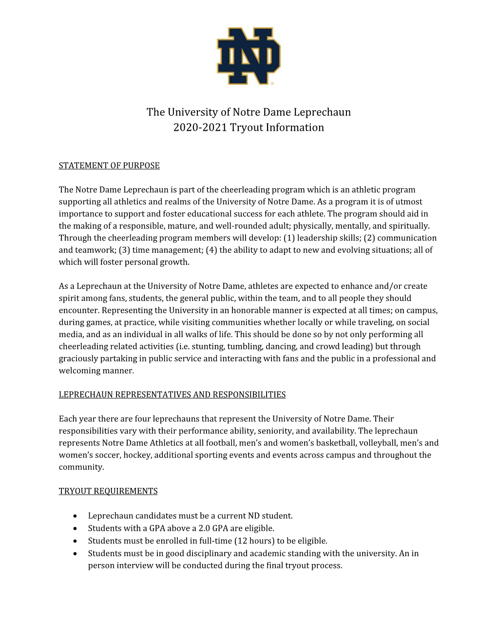 The University of Notre Dame Leprechaun 2020-2021 Tryout Information