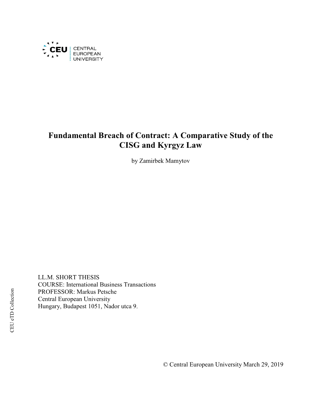Fundamental Breach of Contract: a Comparative Study of the CISG and Kyrgyz Law