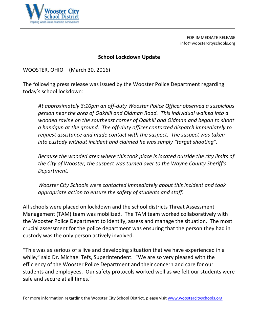 March 30, 2016 Lockdown Press Release