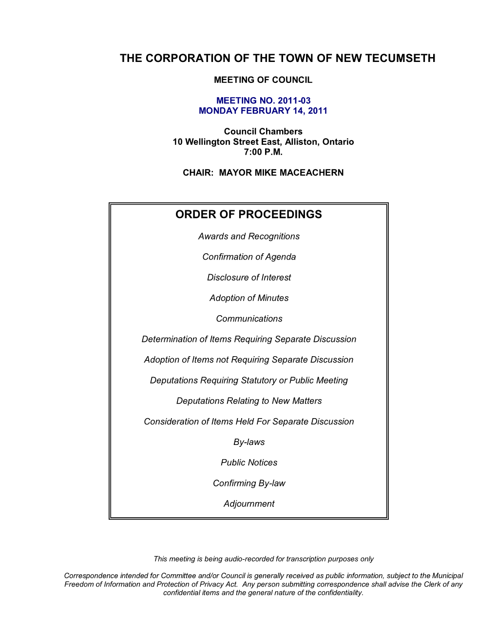 Council Agenda- Regular Meeting- February 14, 2011