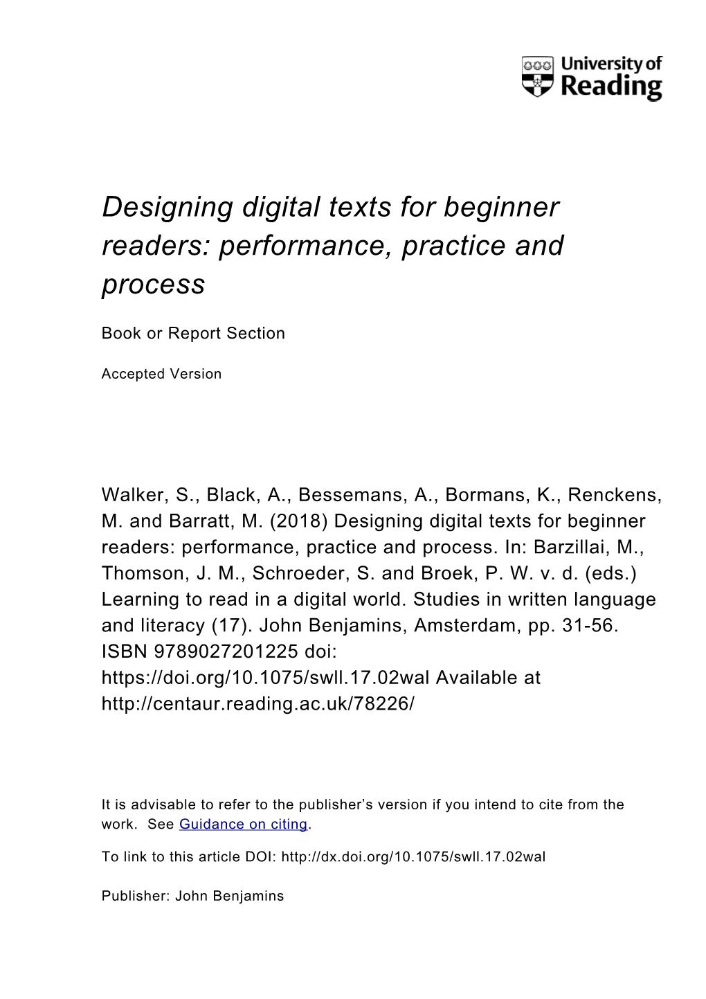 Designing Digital Texts for Beginner Readers: Performance, Practice and Process