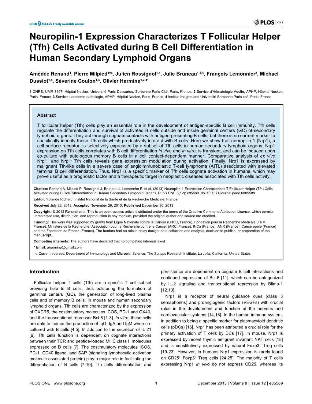 (Tfh) Cells Activated During B Cell Differentiation in Human Secondary Lymphoid Organs