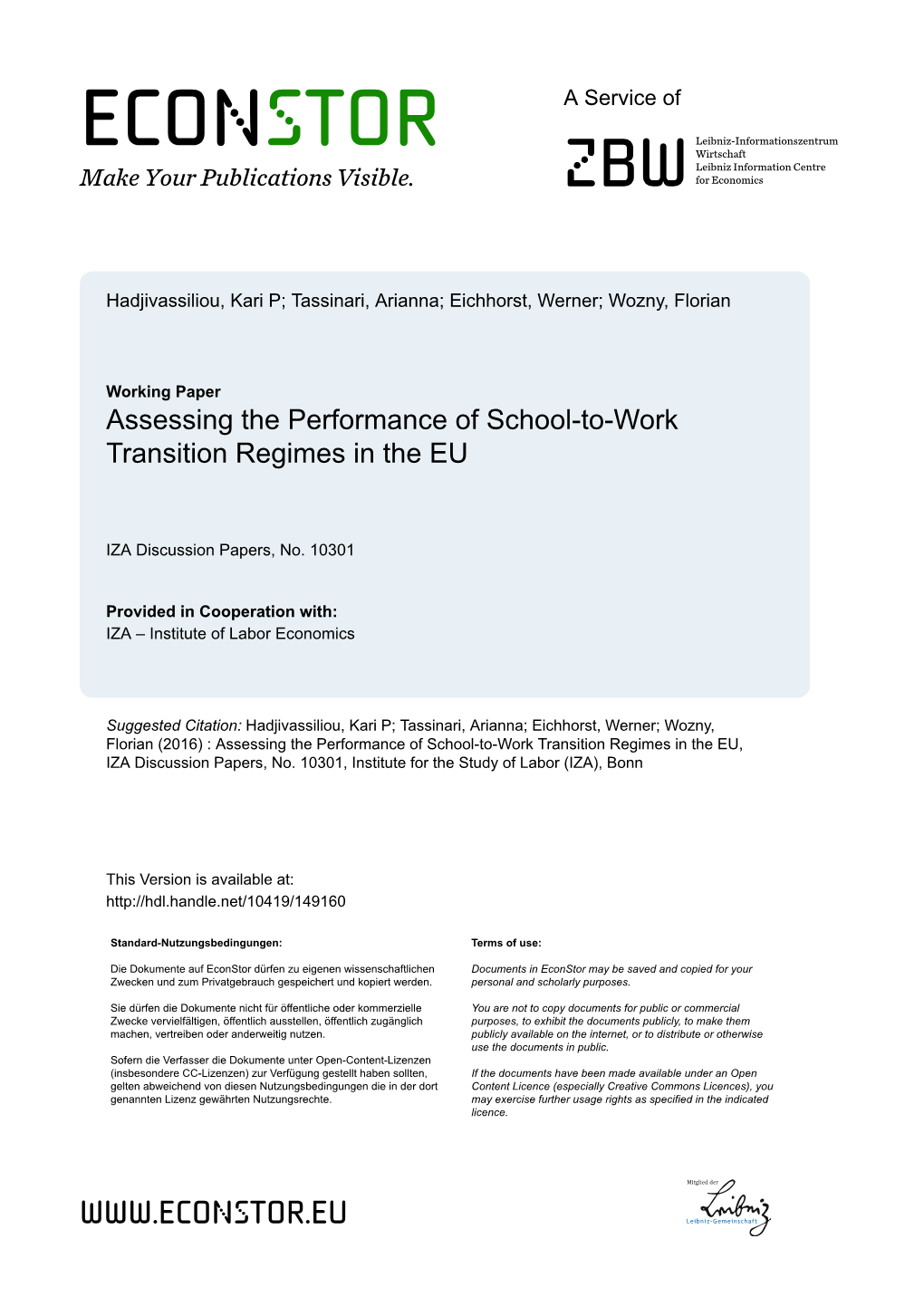 Assessing the Performance of School-To-Work Transition Regimes in the EU