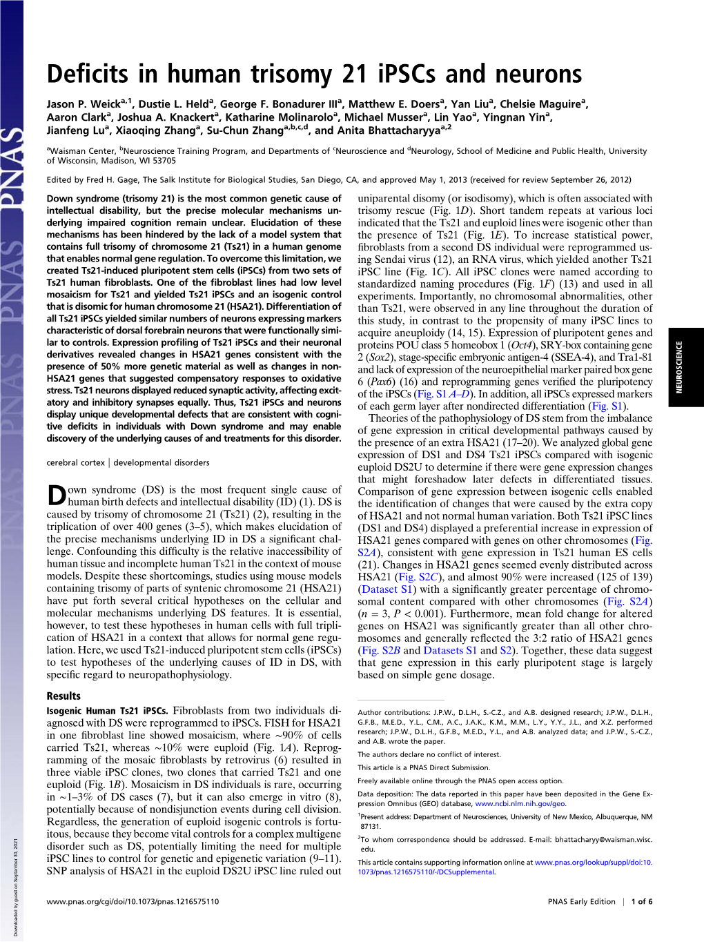 Deficits in Human Trisomy 21 Ipscs and Neurons