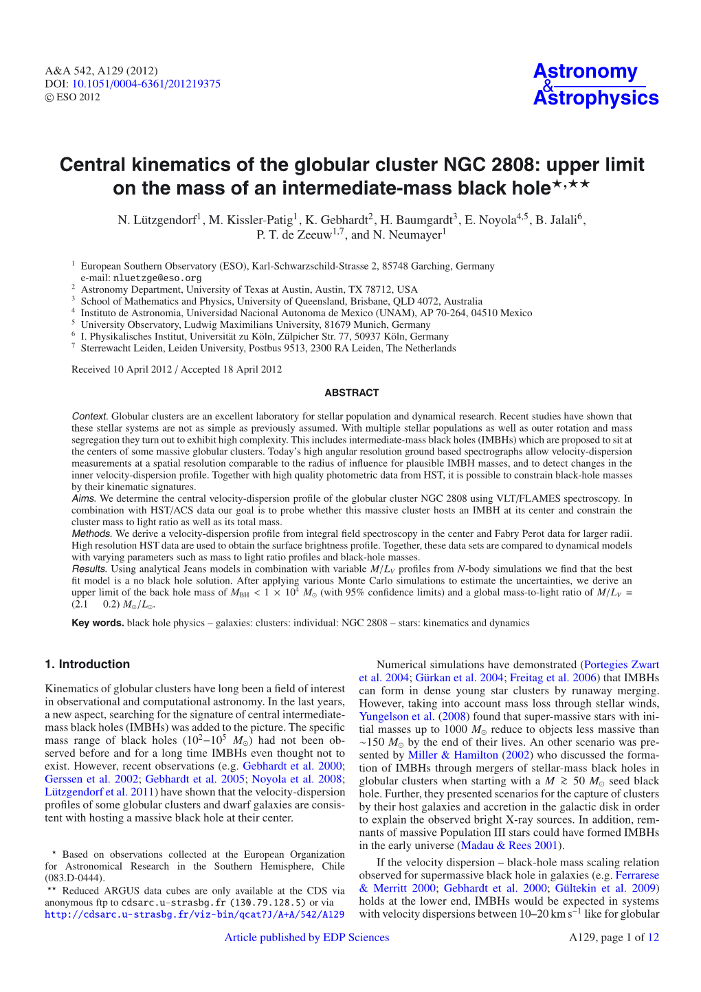 Central Kinematics of the Globular Cluster NGC 2808: Upper Limit on the Mass of an Intermediate-Mass Black Hole�,