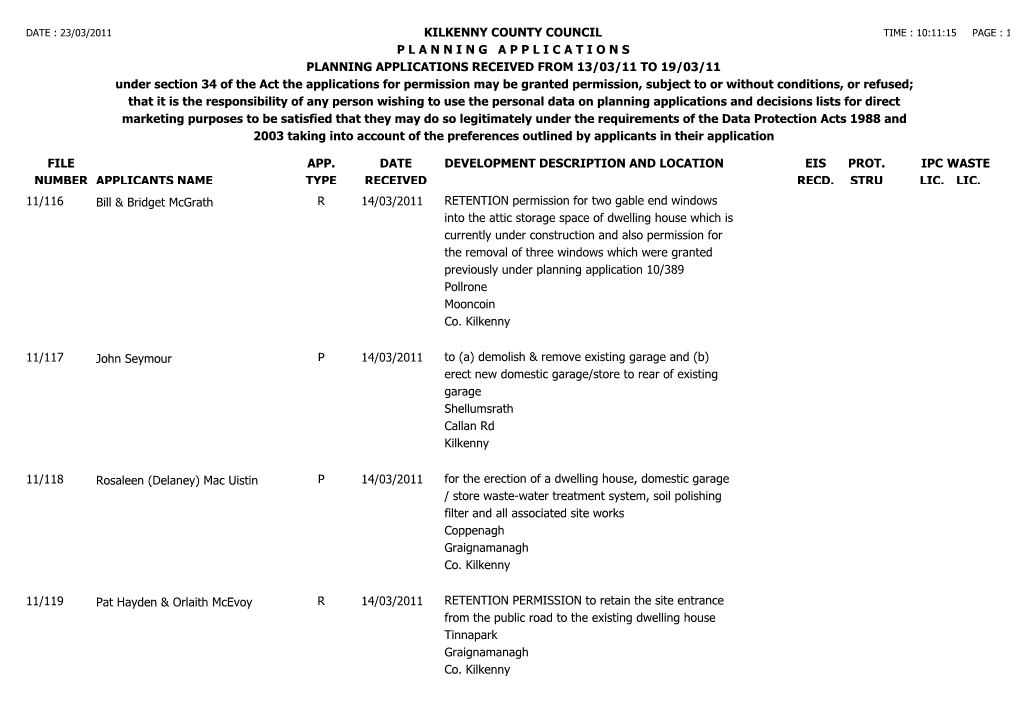 File Number Kilkenny County Council P L a N N I N G a P P L I C a T I O N S Planning Applications Received from 13/03/11 to 19