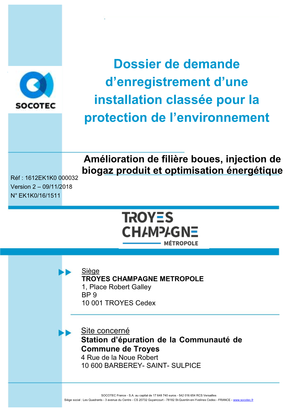 Dossier D'enregistrement ICPE : Dossier De Demande D'enregistrement