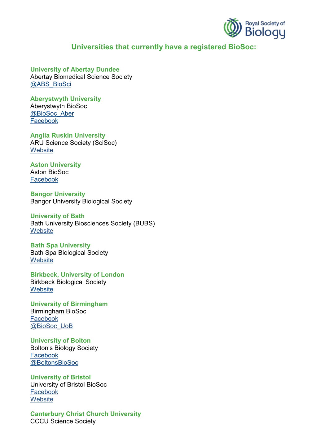 Universities That Currently Have a Registered Biosoc