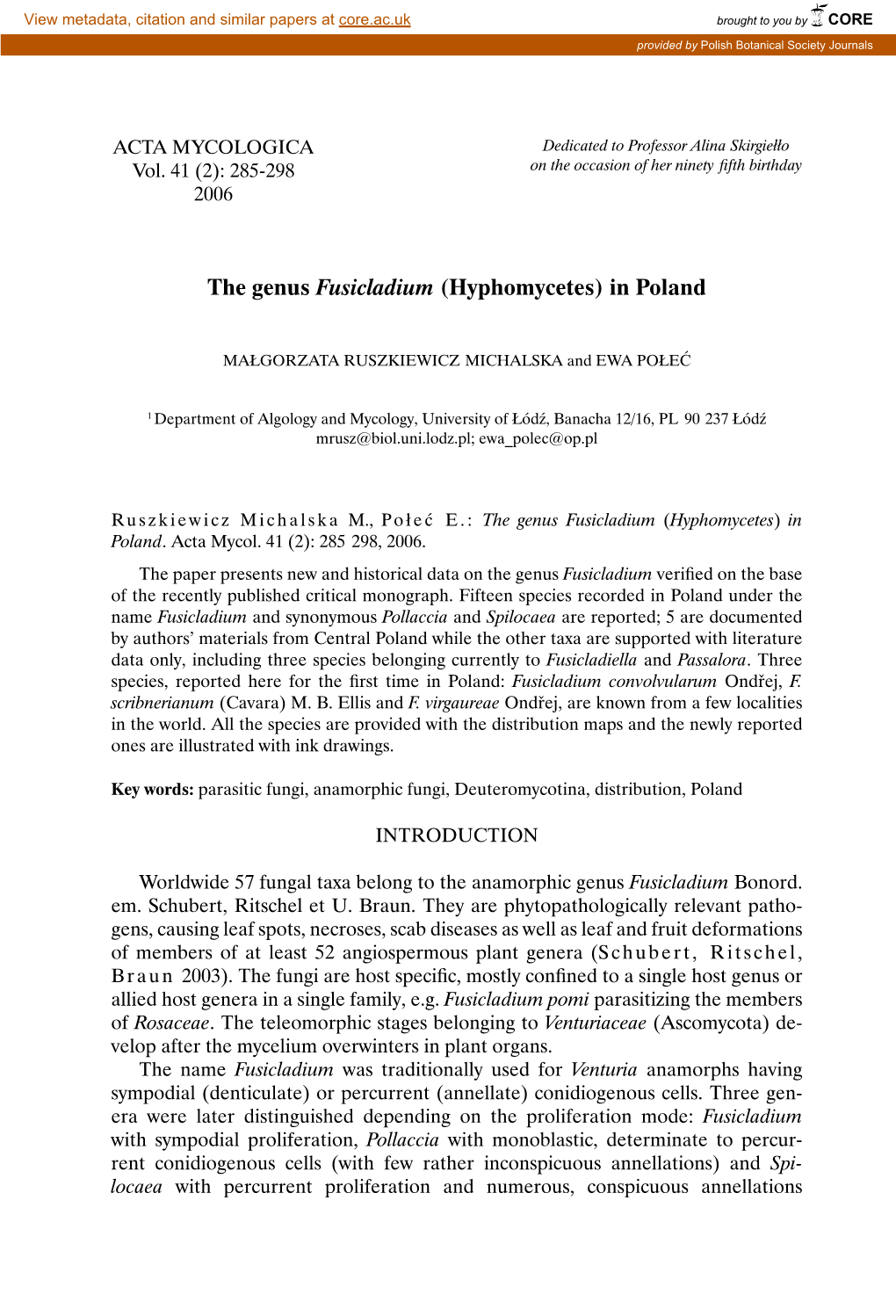 The Genus Fusicladium (Hyphomycetes) in Poland