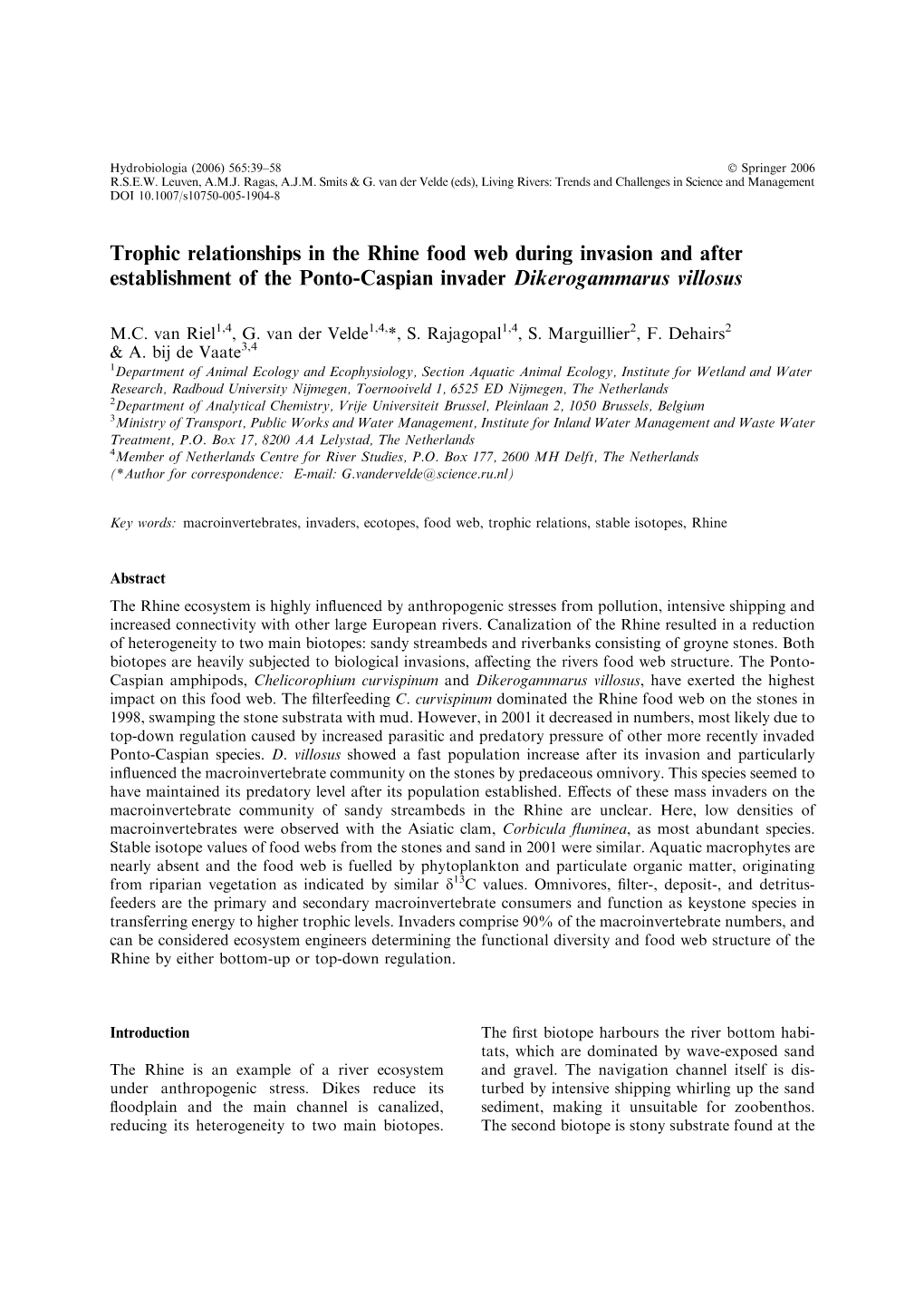 Trophic Relationships in the Rhine Food Web During Invasion and After Establishment of the Ponto-Caspian Invader Dikerogammarus Villosus