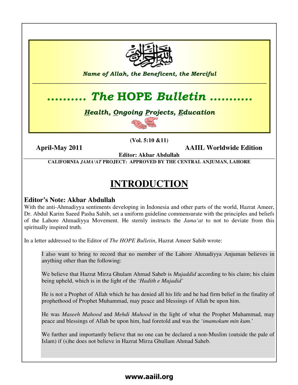 The HOPE Bulletin: April/May 2011 Bulletin —