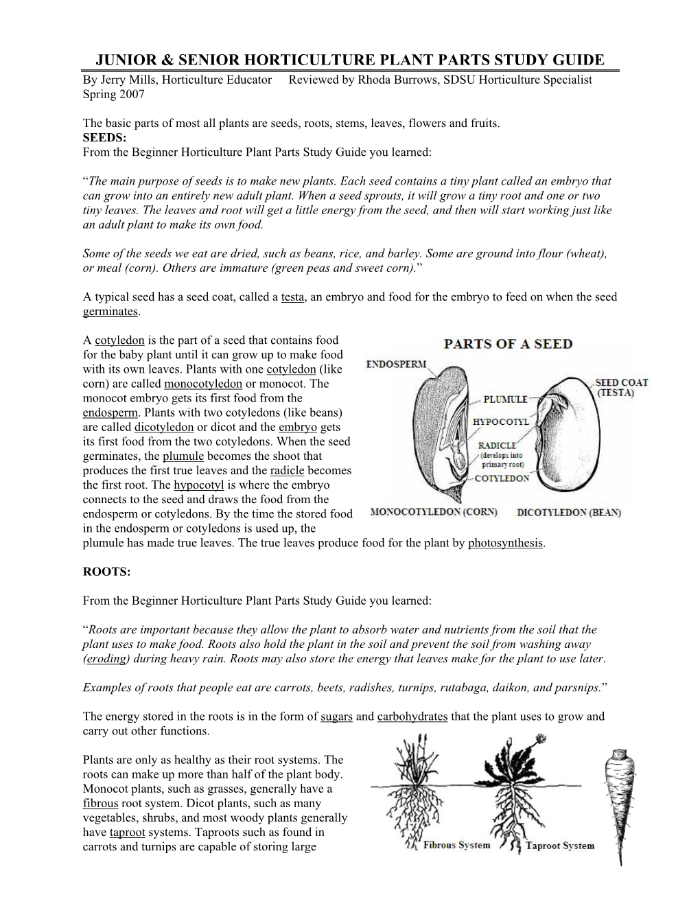 Junior & Senior Horticulture Plant Parts Study Guide