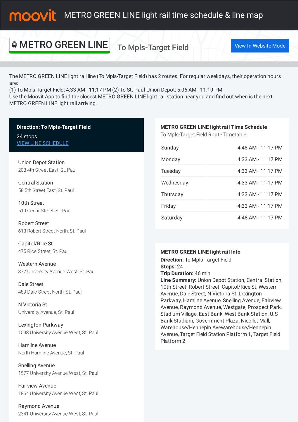 METRO GREEN LINE Light Rail Time Schedule & Line Route