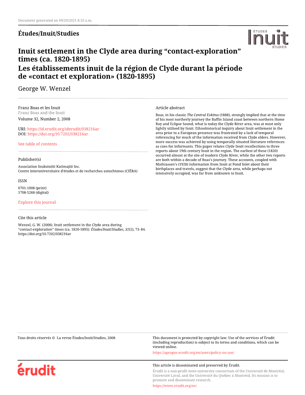 Inuit Settlement in the Clyde Area During “Contact-Exploration” Times (Ca