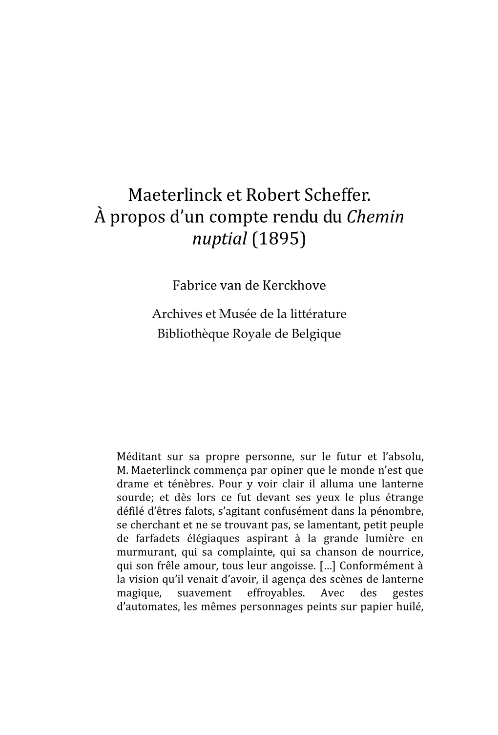 Maeterlinck Et Robert Scheffer. À Propos D'un