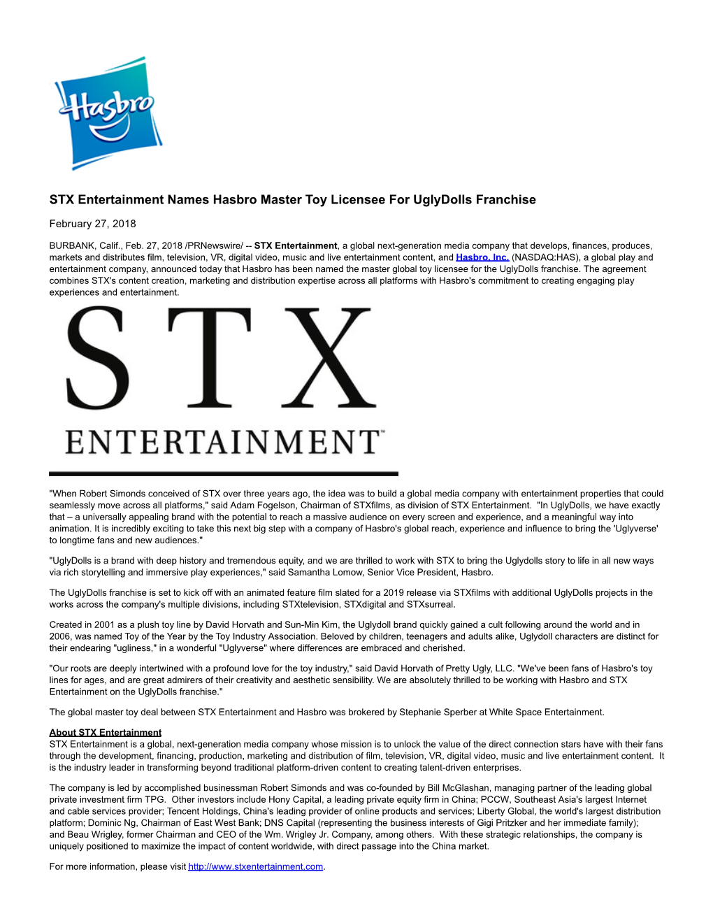 STX Entertainment Names Hasbro Master Toy Licensee for Uglydolls Franchise