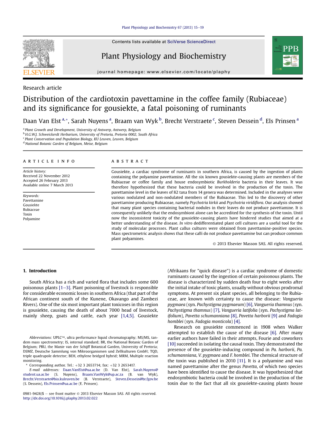 Rubiaceae) and Its Signiﬁcance for Gousiekte, a Fatal Poisoning of Ruminants