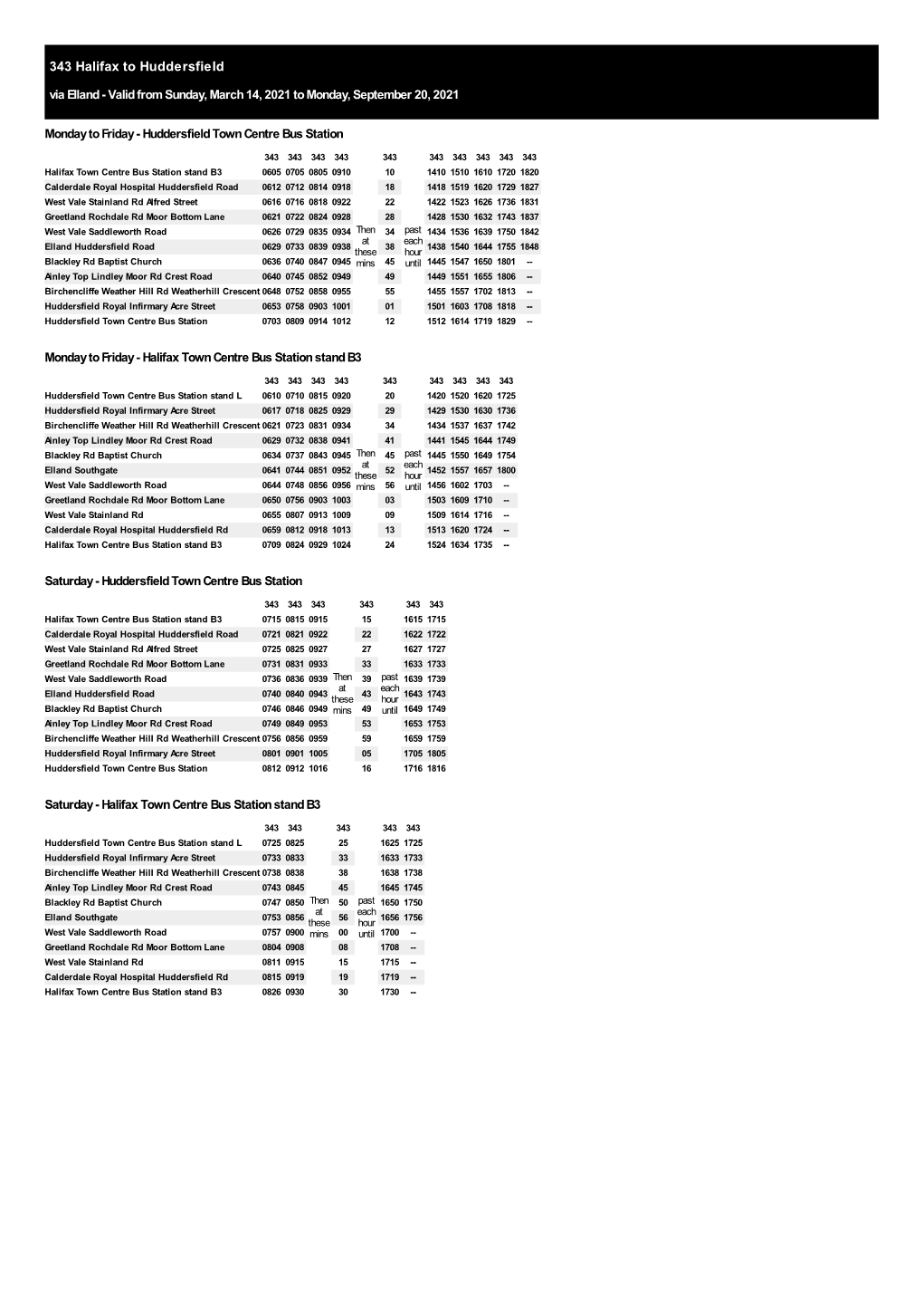 343 Halifax to Huddersfield Via Elland - Valid from Sunday, March 14, 2021 to Monday, September 20, 2021