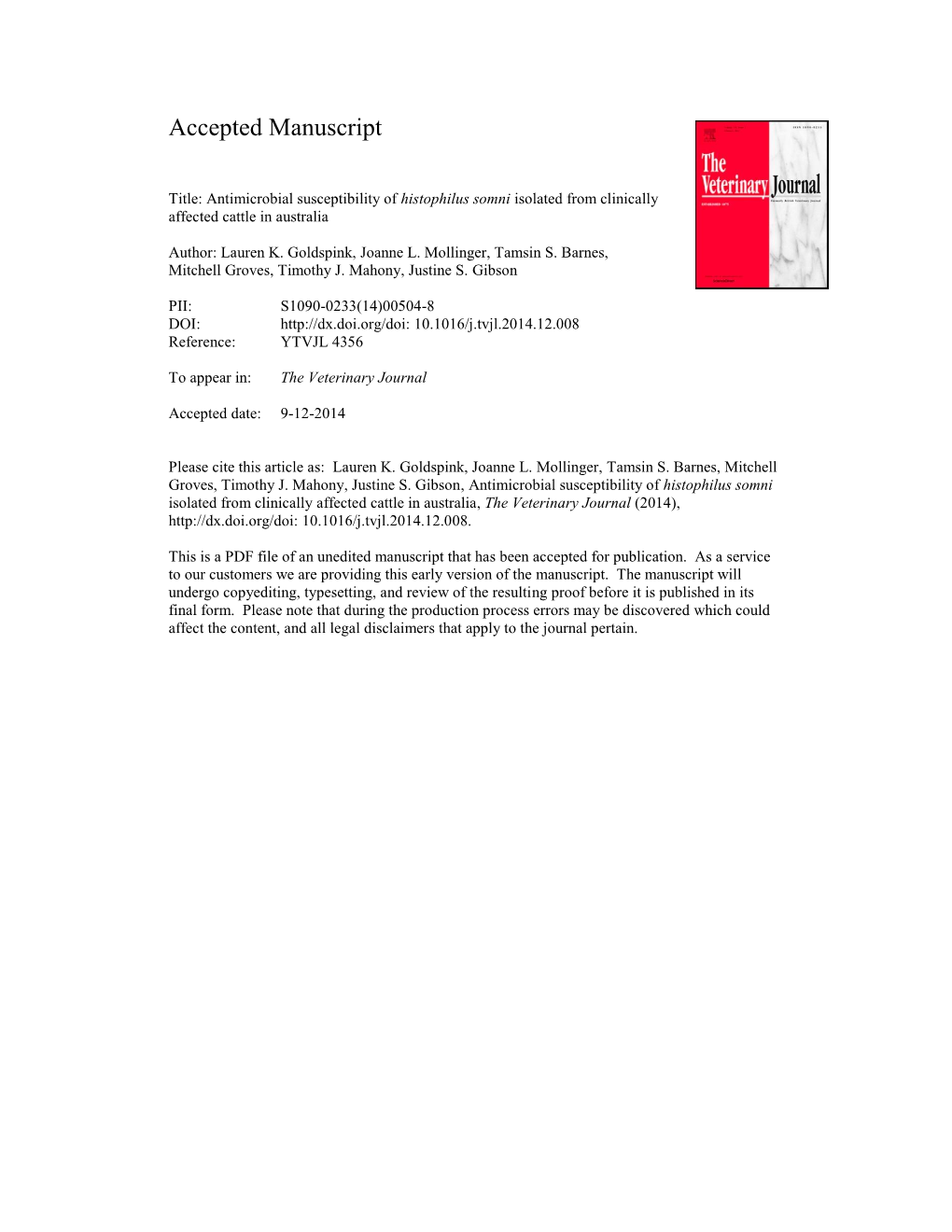 Antimicrobial Susceptibility of Histophilus Somni Isolated from Clinically Affected Cattle in Australia