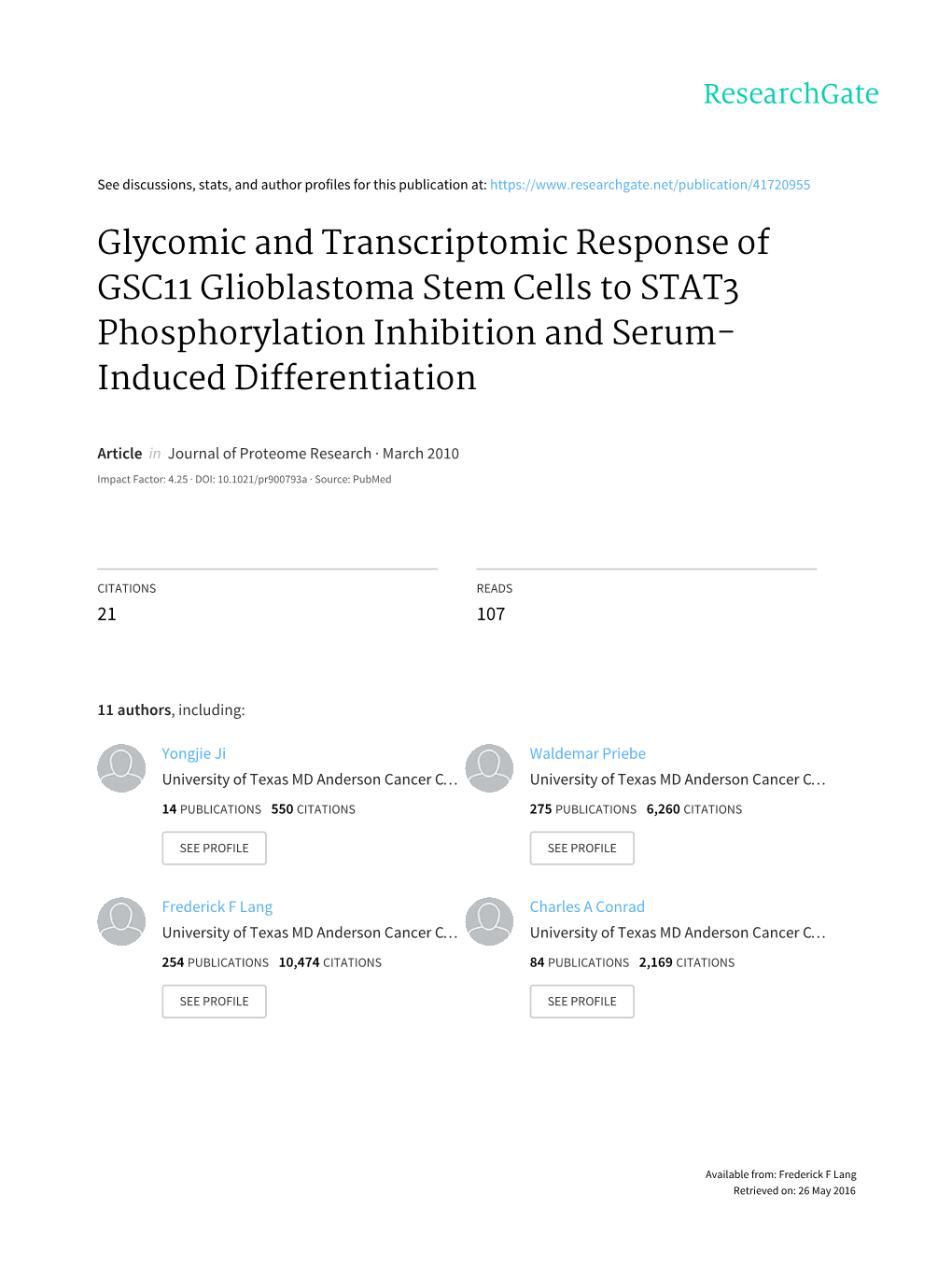 Glycomic and Transcriptomic Response of GSC11 Glioblastoma Stem Cells to STAT3 Phosphorylation Inhibition and Serum- Induced Differentiation