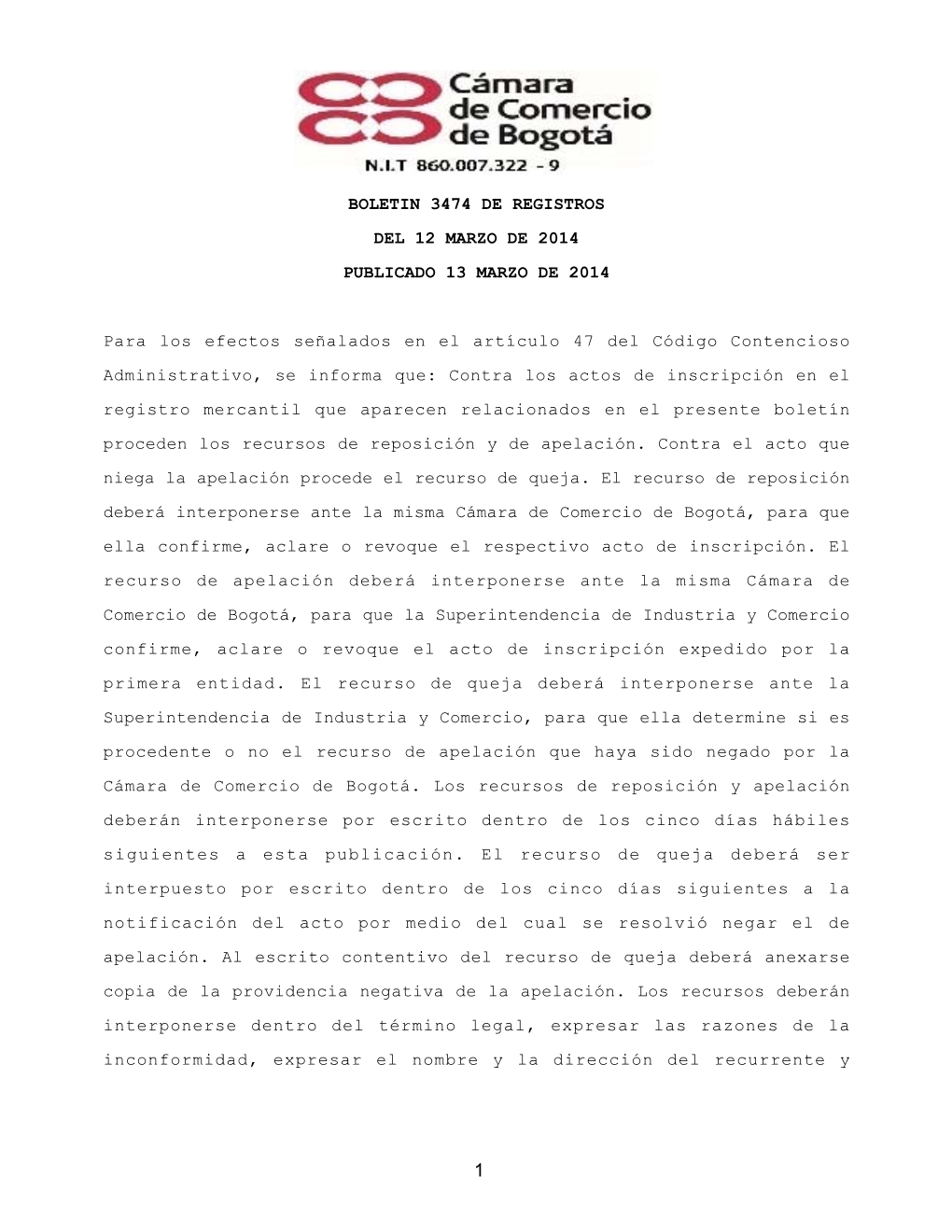 Boletin 3474 De Registros Del 12 Marzo De 2014 Publicado 13 Marzo De 2014