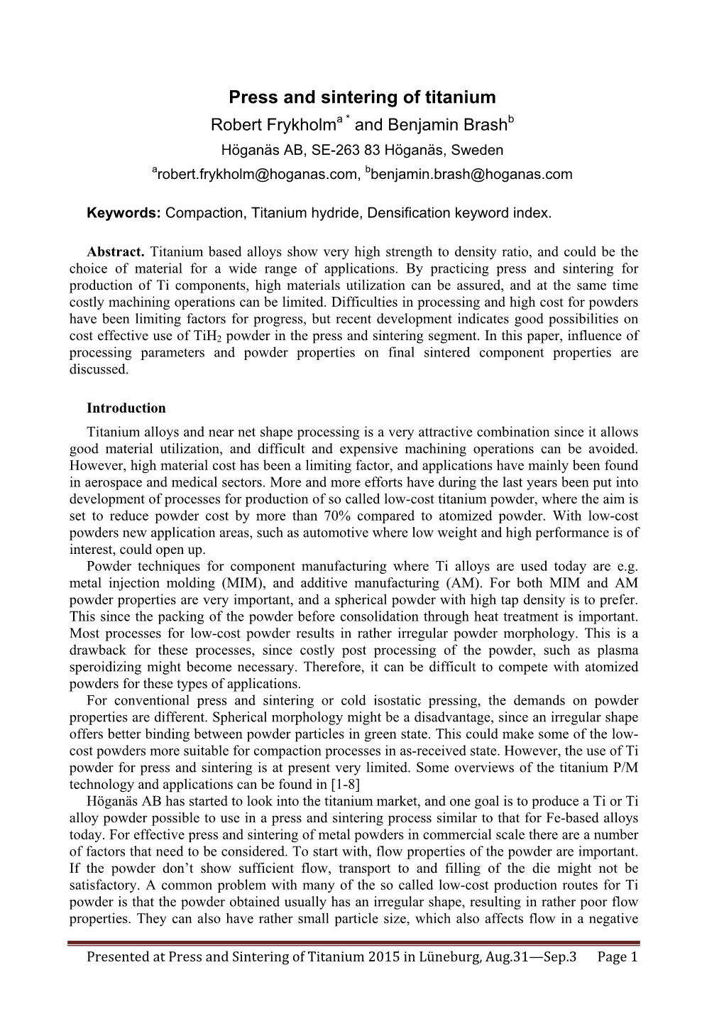 Press and Sintering of Titanium