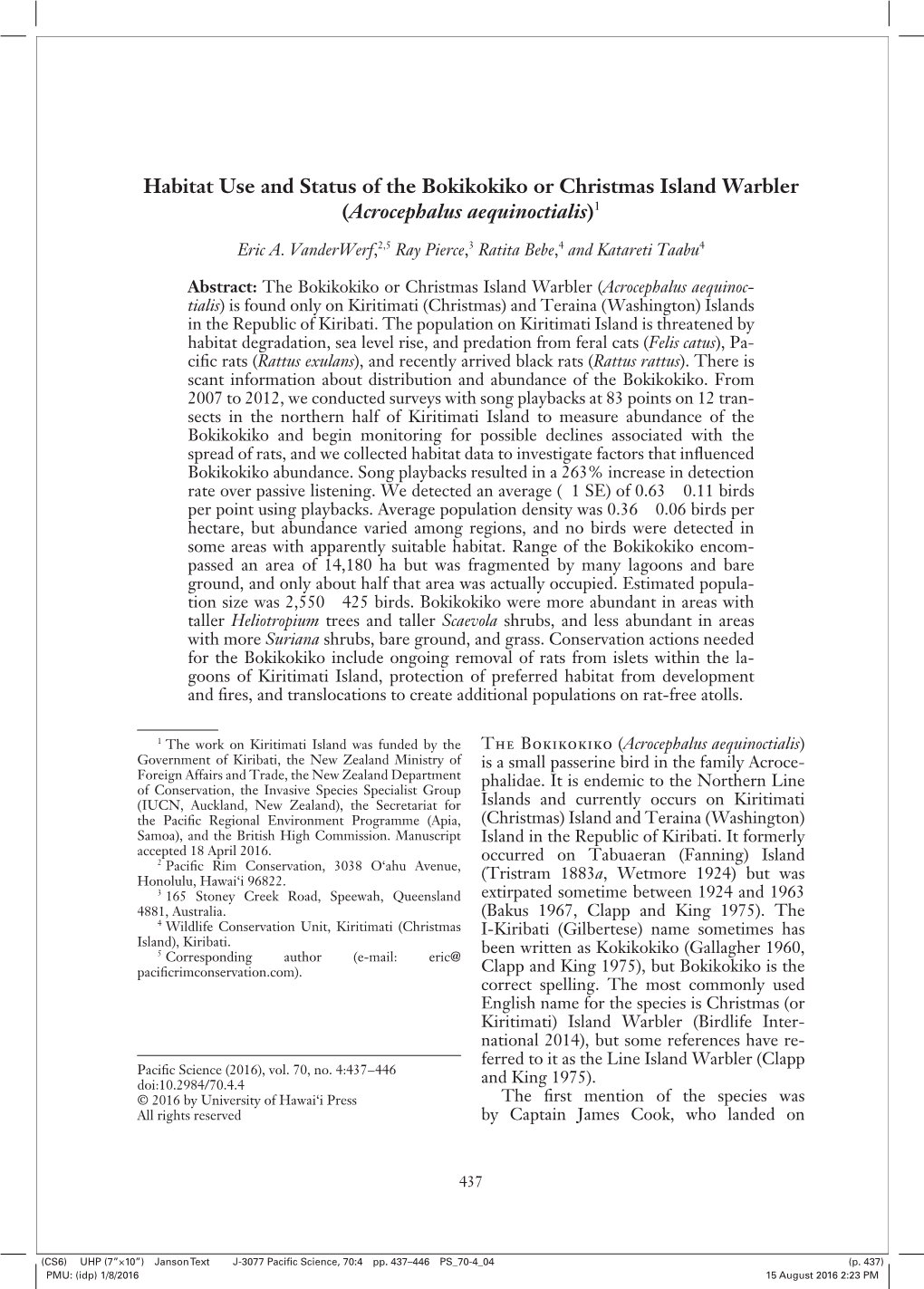 Habitat Use and Status of the Bokikokiko Or Christmas Island Warbler (Acrocephalus Aequinoctialis)1