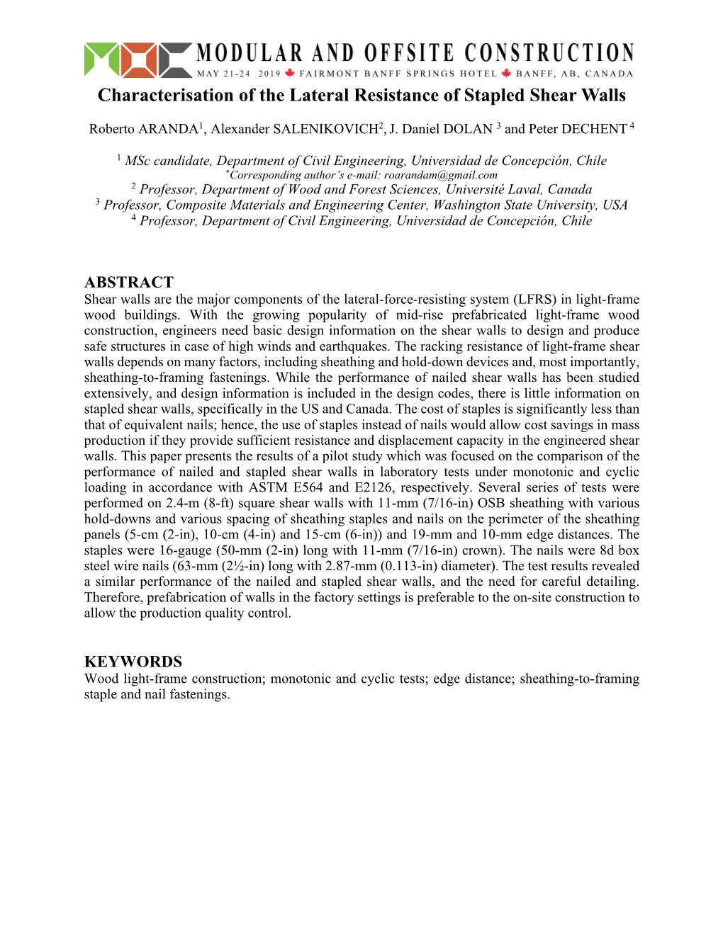 Characterisation of the Lateral Resistance of Stapled Shear Walls