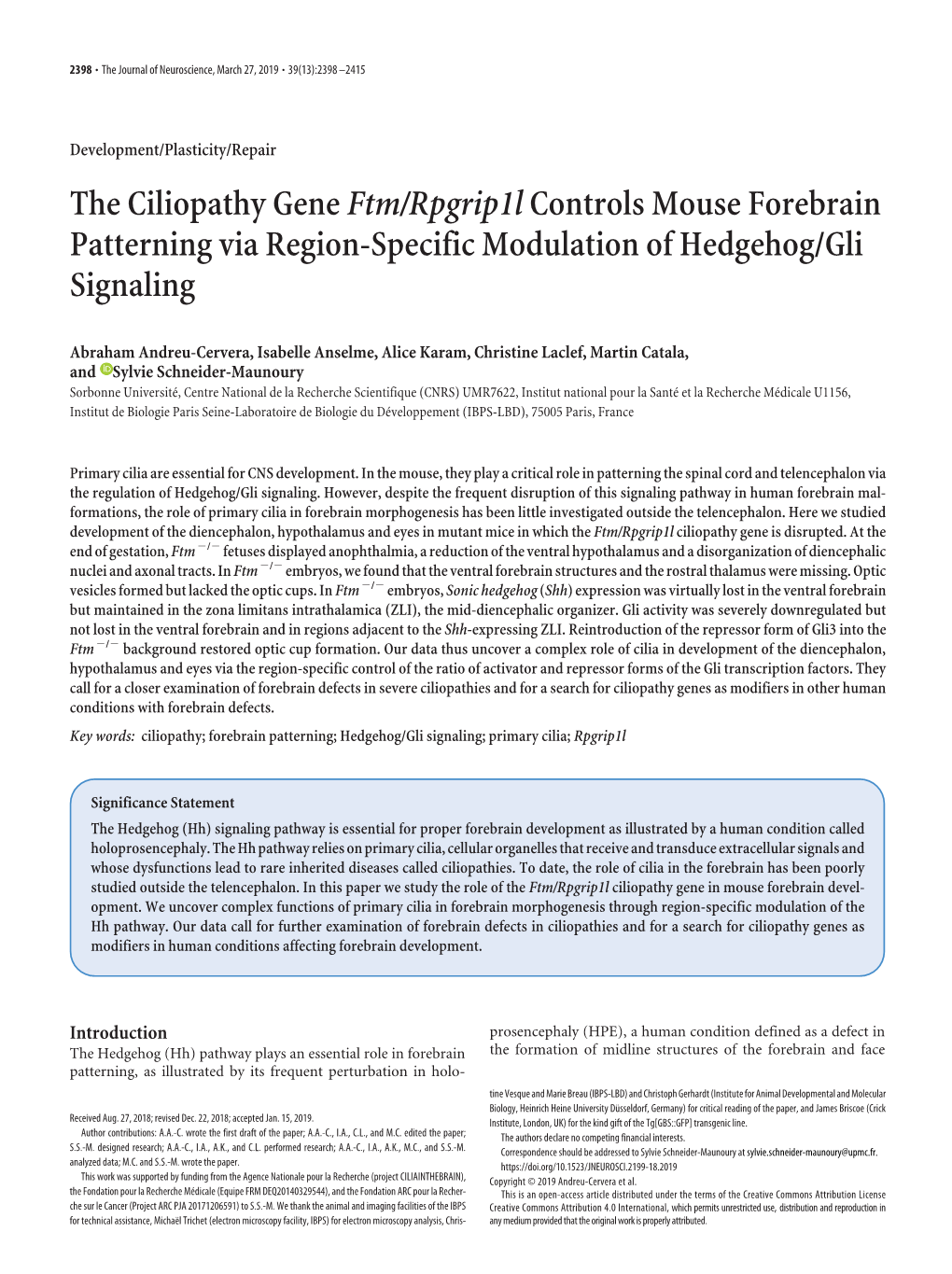 The Ciliopathy Gene Ftm/Rpgrip1l Controls Mouse Forebrain Patterning Via Region-Specific Modulation of Hedgehog/Gli Signaling