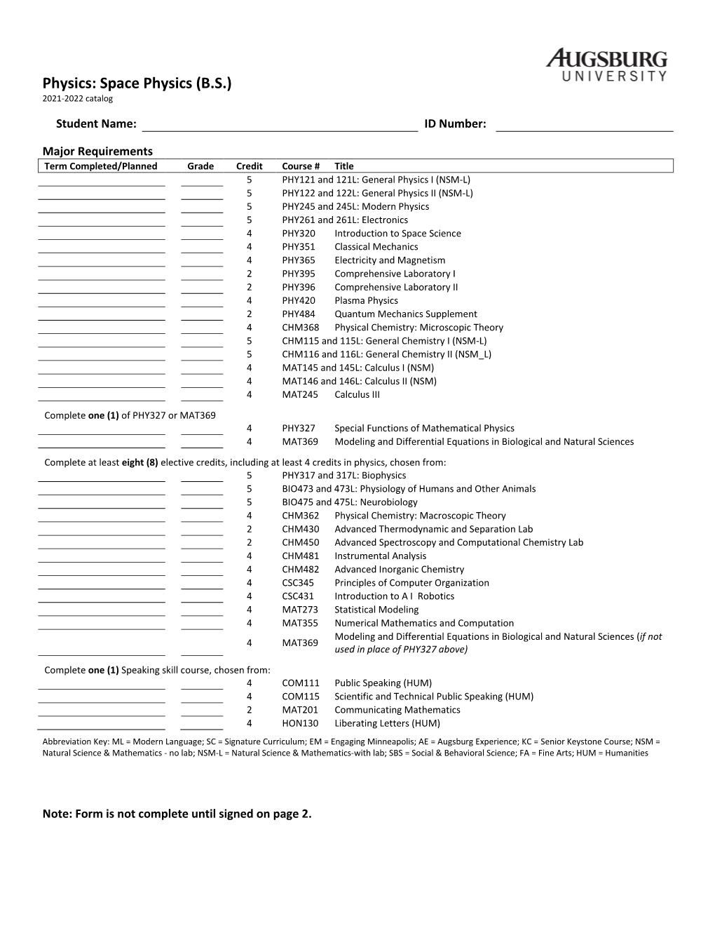 Physics: Space Physics (B.S.) 2021-2022 Catalog