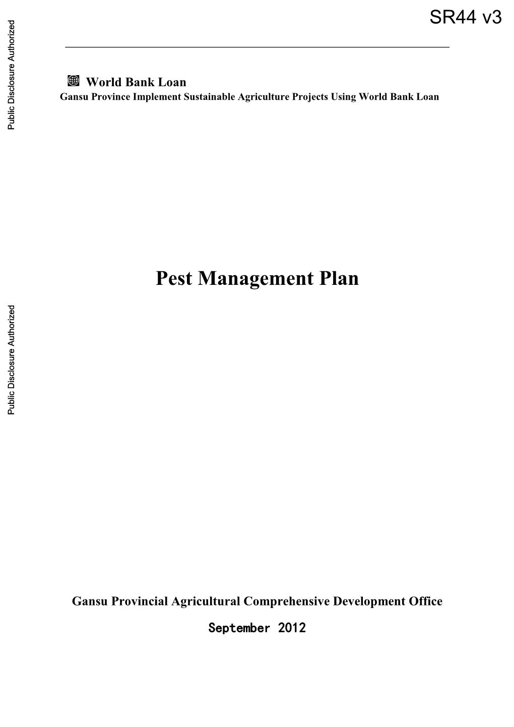 Pest Management Plan Gansu Provincial Agricultural Comprehensive Development Office