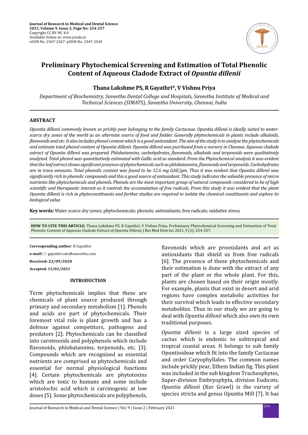 Preliminary Phytochemical Screening and Estimation of Total Phenolic Content of Aqueous Cladode Extract of Opuntia Dillenii