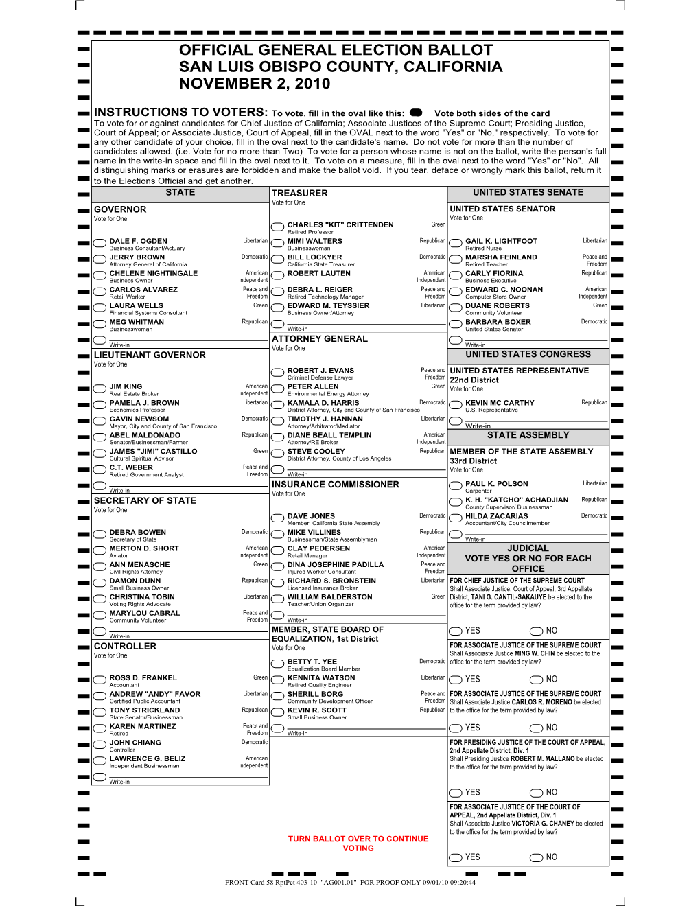 Official General Election Ballot San Luis Obispo County, California November 2, 2010