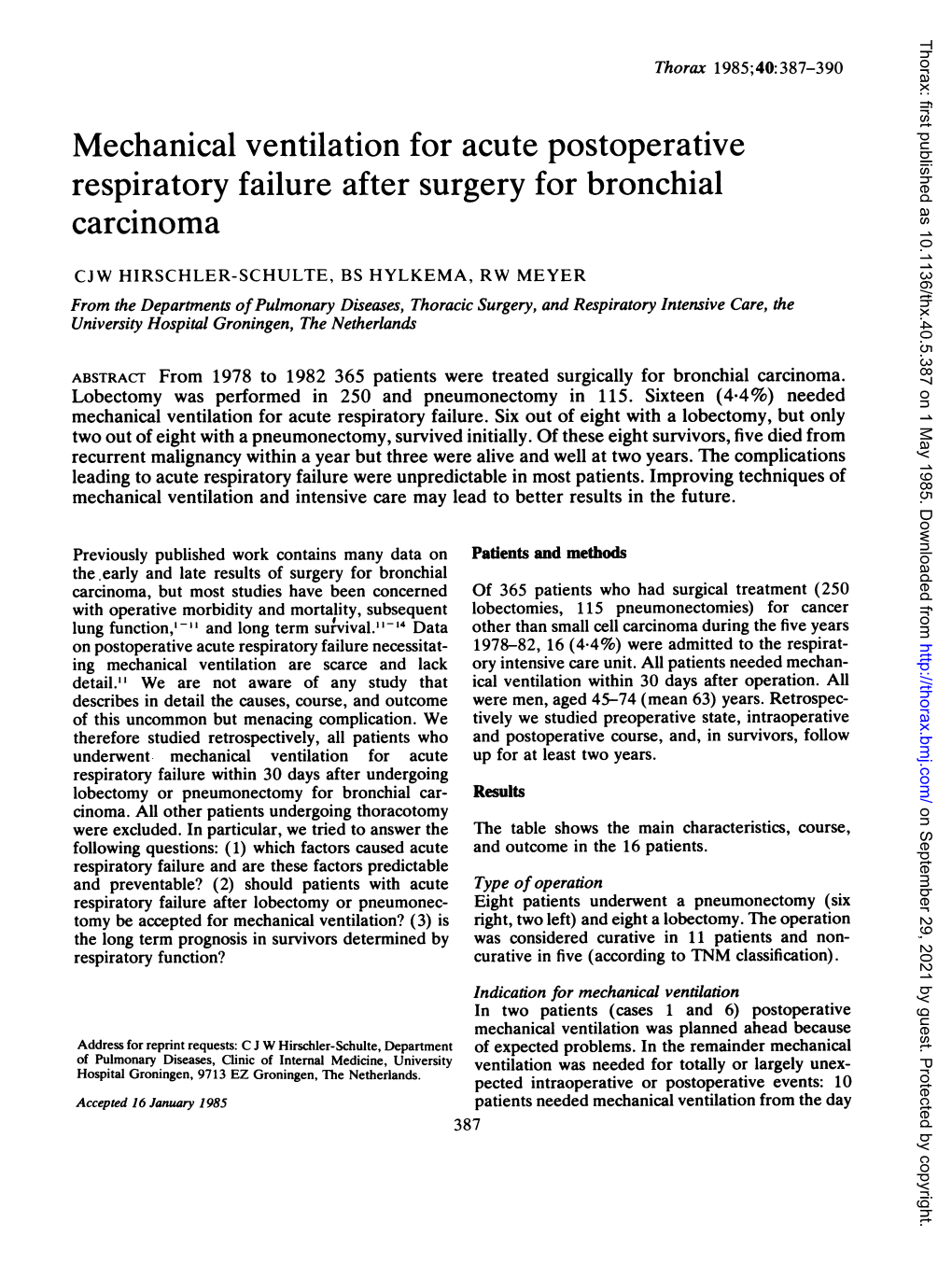 Mechanical Ventilation for Acute Postoperative Respiratory Failure After Surgery for Bronchial Carcinoma