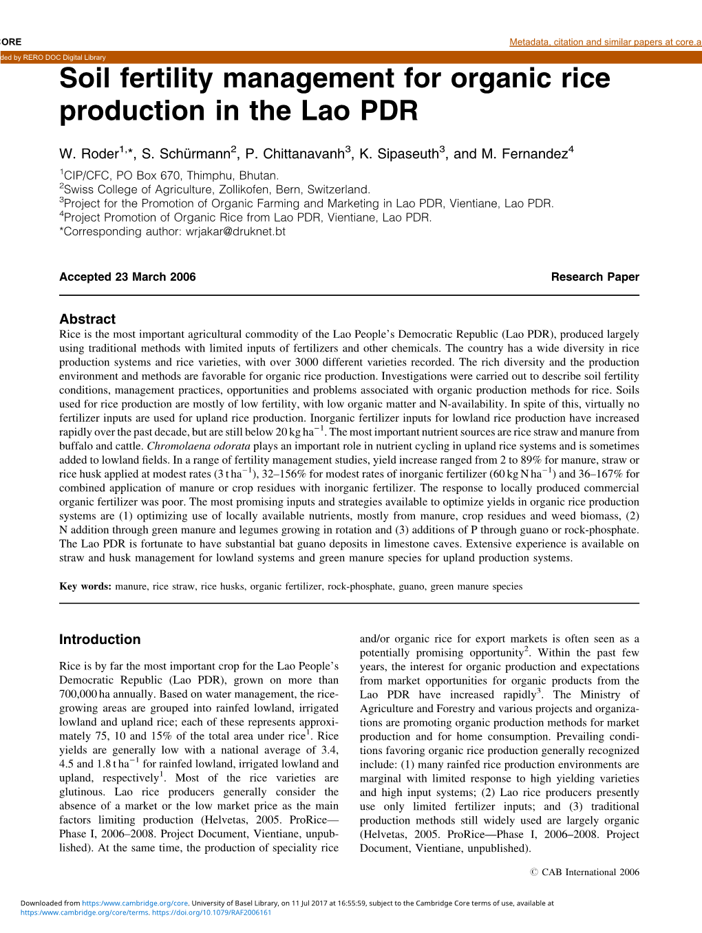 Soil Fertility Management for Organic Rice Production in the Lao PDR